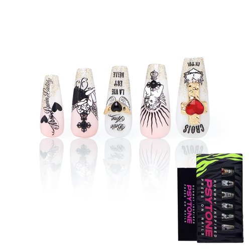 PSYTONE Press on Nails Long Rhinestone Pink Fake Nails Black Nails Square Bling Glossy 3D Flower False Nail Tips Artificial Nails Finger Manicure for Women and Girls-30pcs (Long Nails 1)