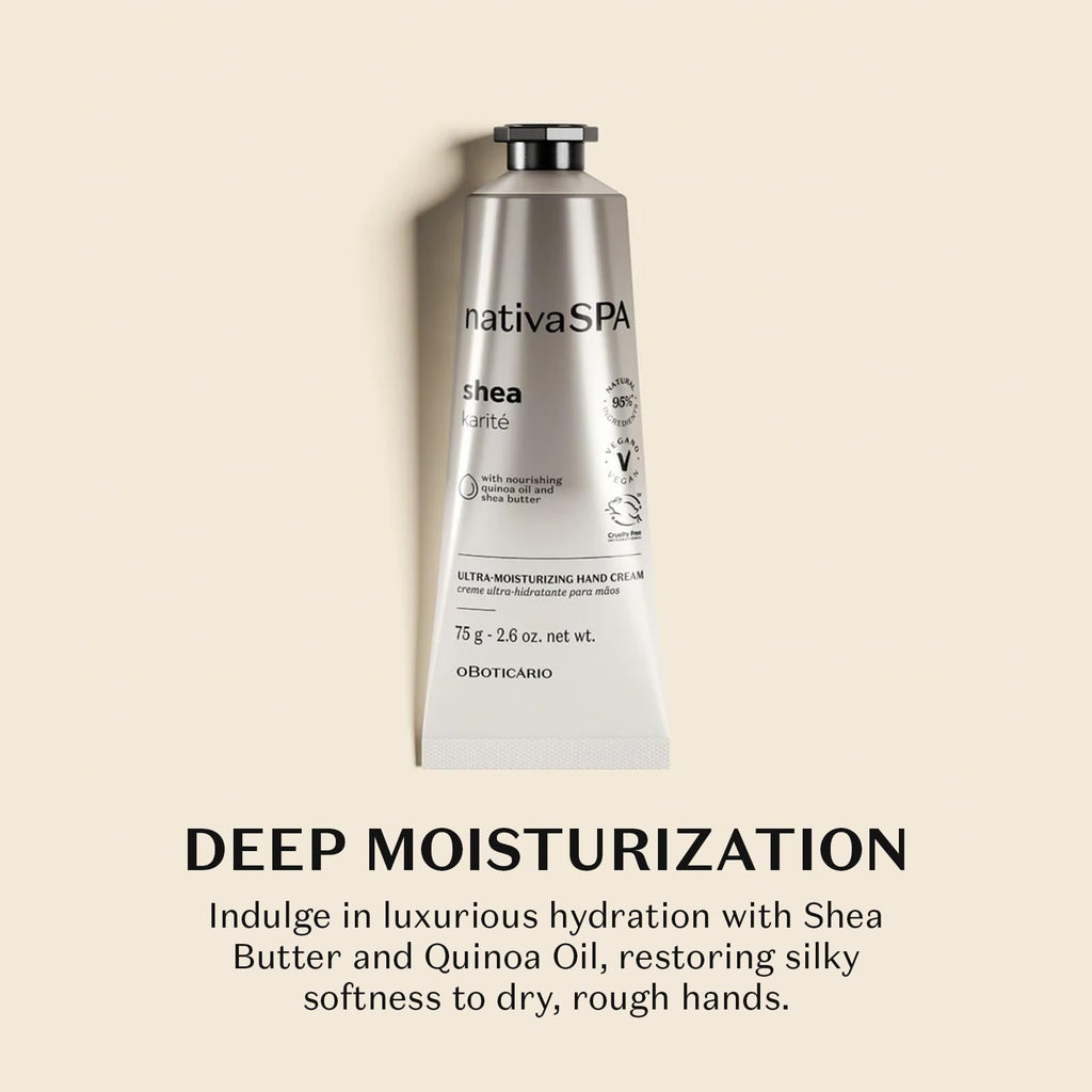 Nativa SPA by O Boticário, Shea Ultra-Moisturizing Hand Cream, Deeply Nourishing Formula with Shea Butter & Quinoa Oil, 2.6 Ounce