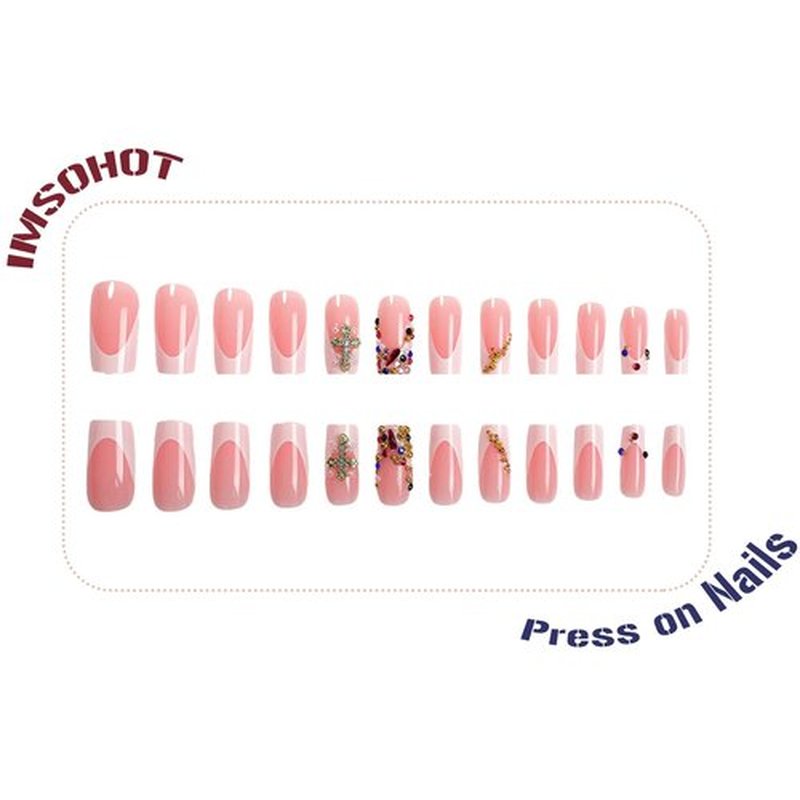 IMSOHOT French Tip Press on Nails - Long Square, Cross Charms, Colorful Rhinestone, Golden Beads Design, White Nude, Luxury, Acrylic Glossy Fake Nails Full Cover Glue on False Nails 24Pcs
