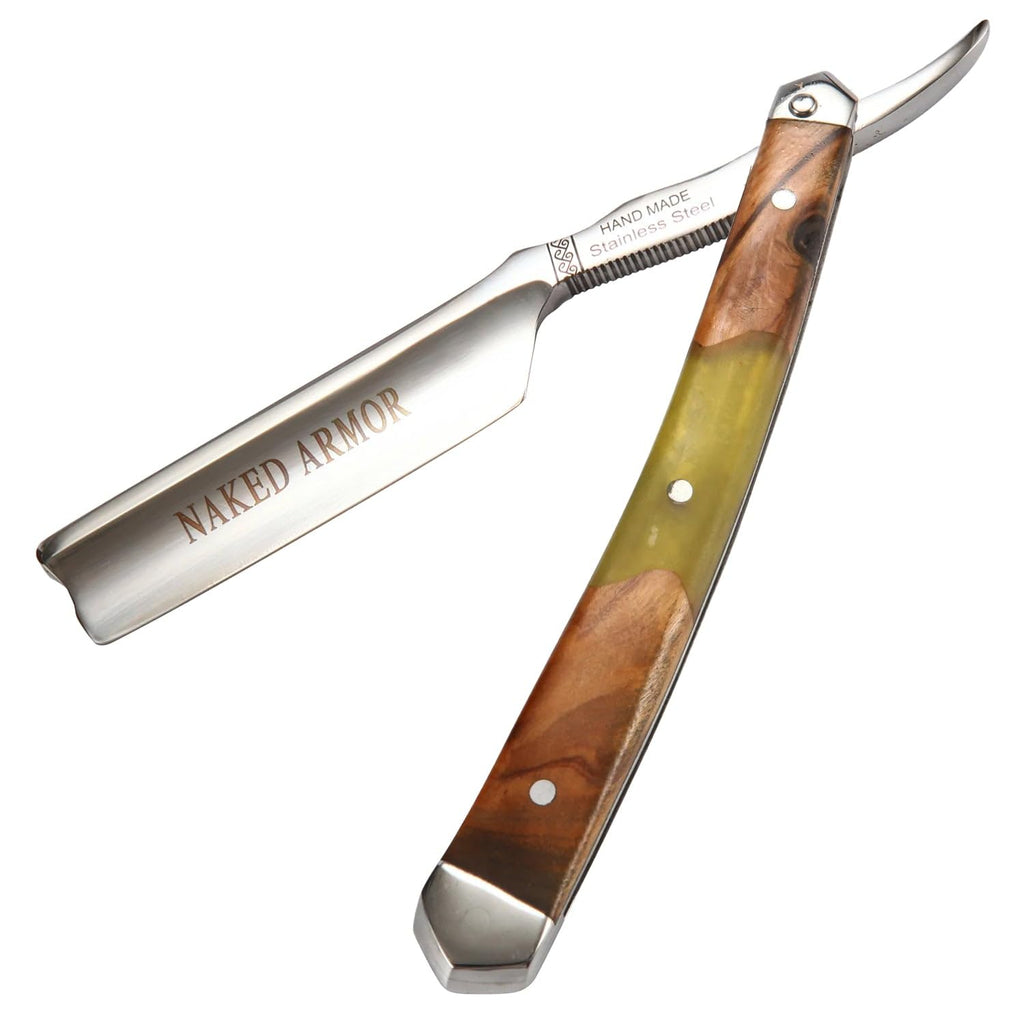 Naked Armor Professional Straight Razor for Men - Shave Ready 7/8" Japanese Stainless Steel Barber Razor - Griflet Straight Edge Razor with Sandalwood Handle, Leather Travel Case & Gift Box