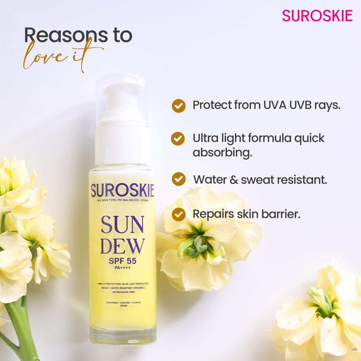 Suroskie Sun Dew SPF 55 PA++++ Sunscreen, Water-Resistant, Lightweight Formula with Lavender and Niacinamide, 50ml