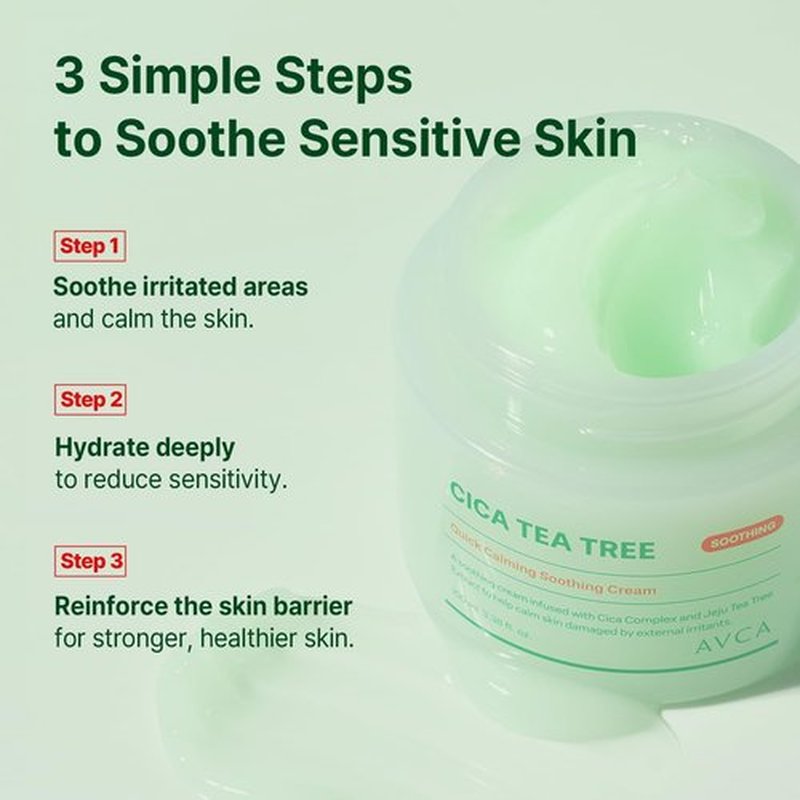 AVCA Quick Calming Cica Tea Tree Cream - Soothing Moisturizer for Sensitive Skin | 100ml (3.38 fl. oz)