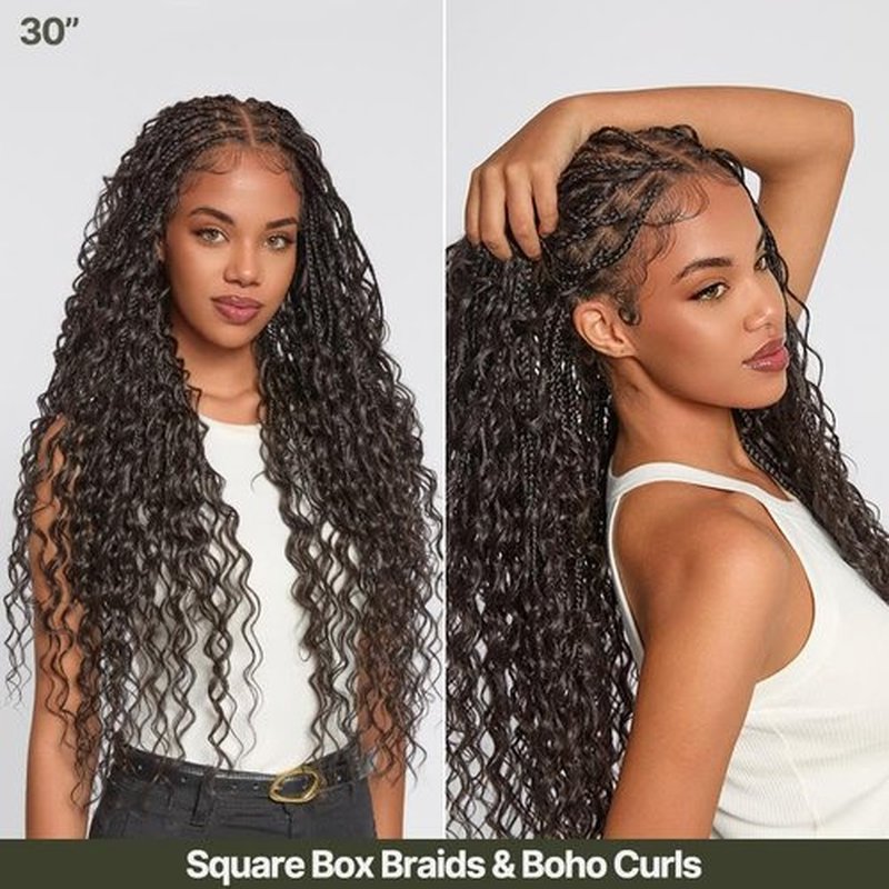 Frodio Braided Wig Veralux™ Fiber Full Lace Boho Curly Water Wave Synthetic Box Braided Wigs For Black Women Salon-Level 200% Density Bohemia Natural Scalp 30 Inches