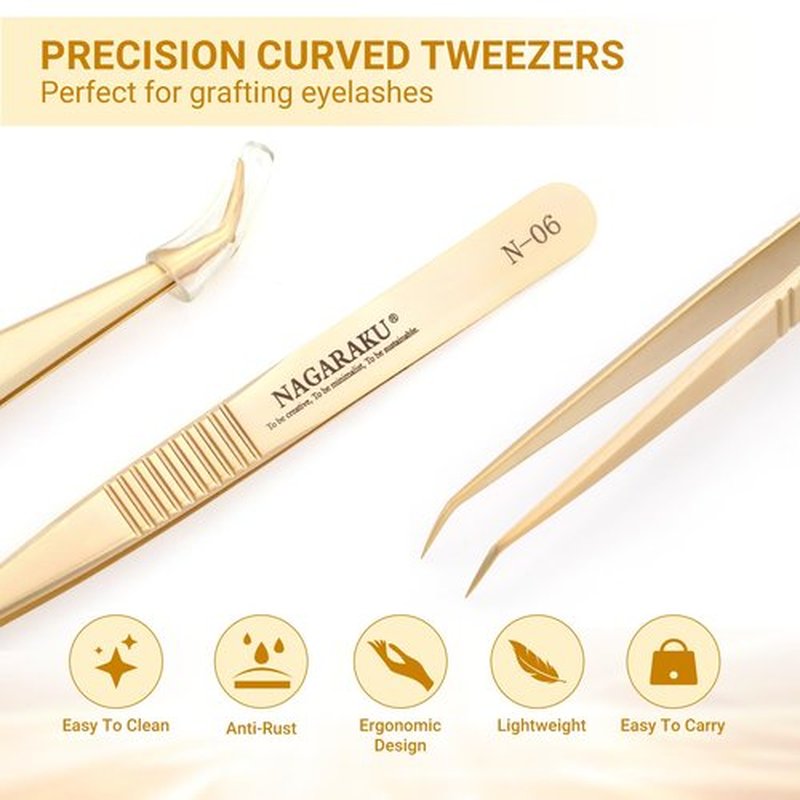 NAGARAKU Professional Eyelash Extension Tweezers, Precision Tip Stainless Steel Gold Lash Tool Curved Angled for Individual & Volume for Salon & Personal Use, Super Light Weight Easy Fanning (N-06)