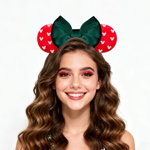 Trnerm Red & Velvet Green Fuzzy Mouse Ears Headband for Women, Cute Beads Headband with Bows, Christmas Hair Accessoires