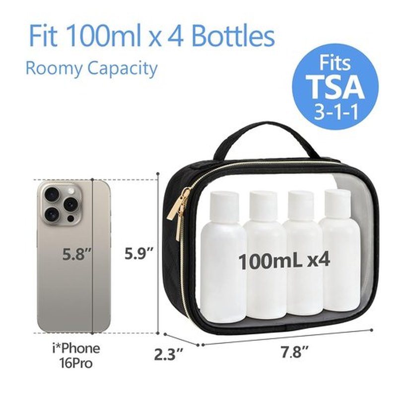 PACKISM TSA Approved Toiletry Bag - 3 Medium Clear Makeup Bags | Quart Size, Water-Resistant PVC, Black