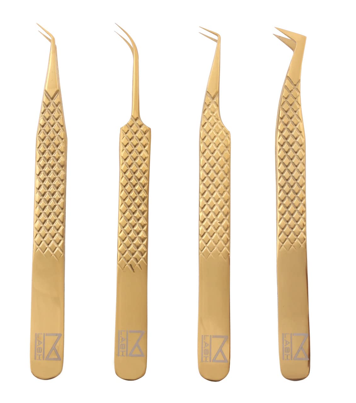 M LASH Tweezers for Eyelash Extensions (Set of 4) - Professional Lash Extension Tweezers - Fiber Tip, Japanese Steel, Diamond Grip Eyelash Extension Tweezer set (Multi-Color)