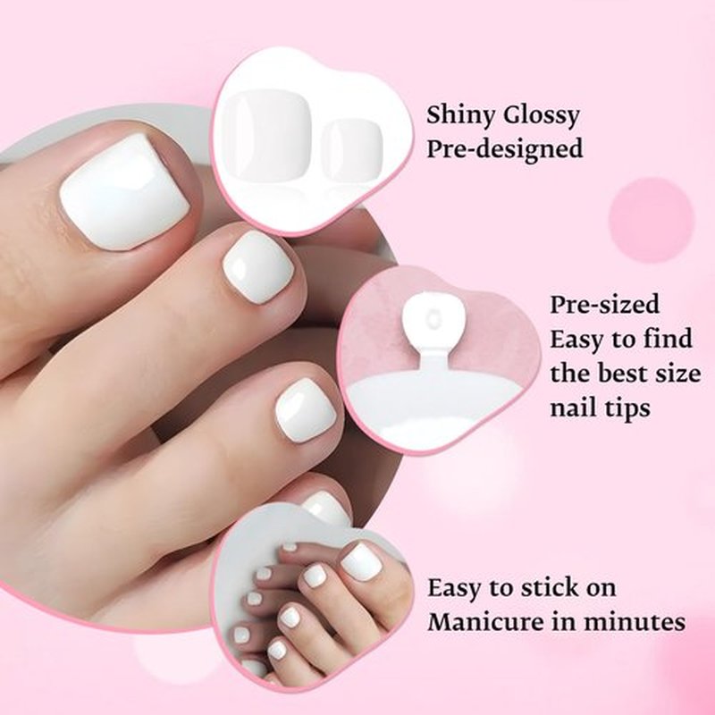 LoveOurHome 240pc White Press on Toenails Women Fake Toe Nails with Glue Tab, White Fake Toenail Press on Toes Nail Glue on Toenails Acrylic Toe Nail Tips Gel Artificial False Stick Toenail Tip