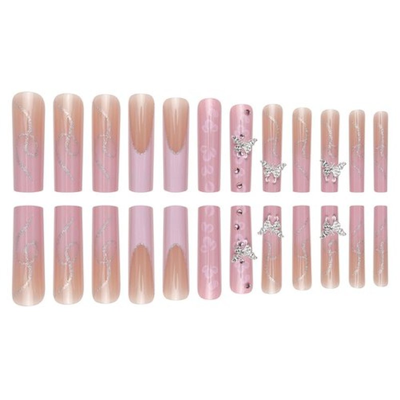 QQPPOLIU Long Pink Nails Xxl Long Press on Nails Square Pink Fake Nails With Flower and 3d Butterfly Designs Full Cover Nails for Women and Girls 24pcs