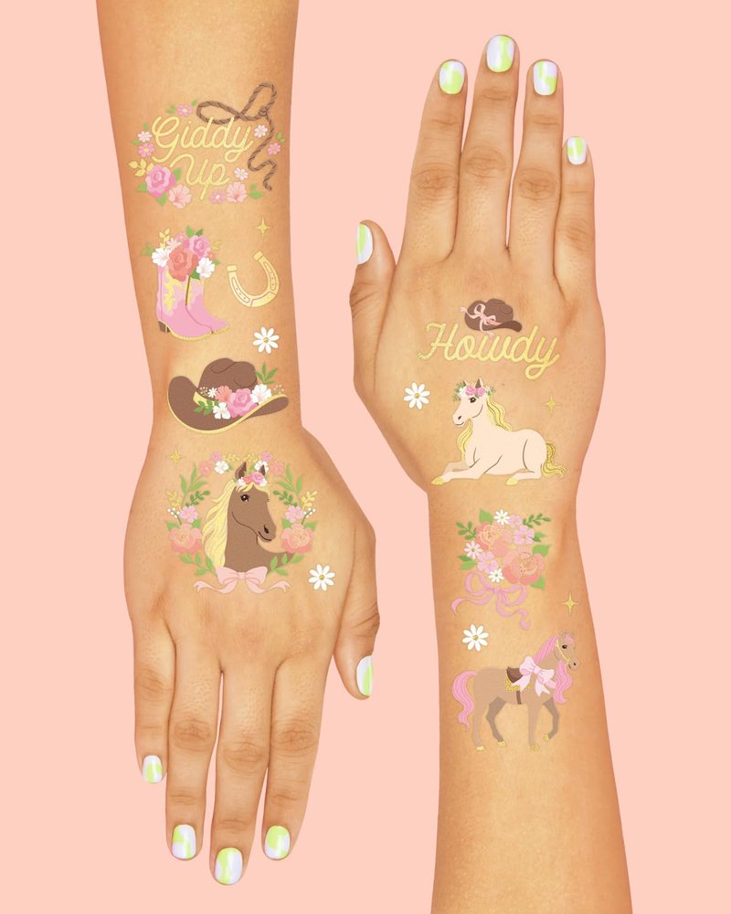 xo, Fetti Pink Horse Girl Temporary Tattoos - 52 Gold Foil Pcs | Cute Cowgirl Birthday Accessory, Pony Bachelorette Party Favor, Cute Kids Activity