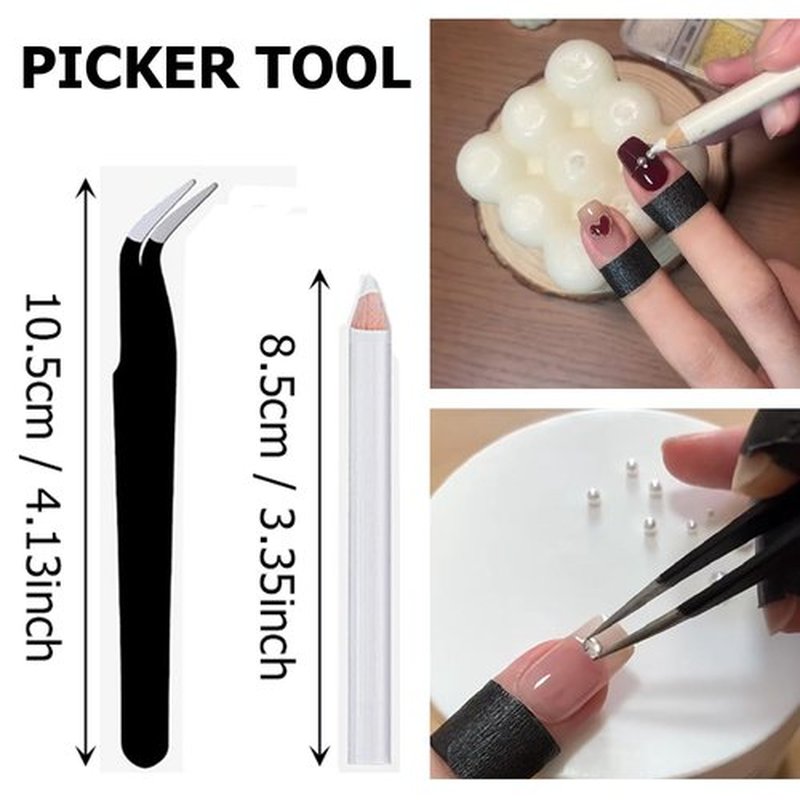 Nail Charms Jewels Manicure Kit with Pickup Pencil and Tweezers, Flatback Rhinestones and Flatback Sliver & Glod Half Round Beads Nail Gems for Nail Art Face Makeup and Manicure Decor