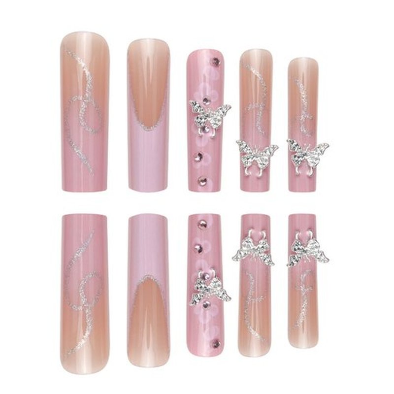 DANMANR French Press on Nails Pink Fake Acrylic Long Nails Square Flower Full Cover Fake Nails for Women and Girls 24PCS
