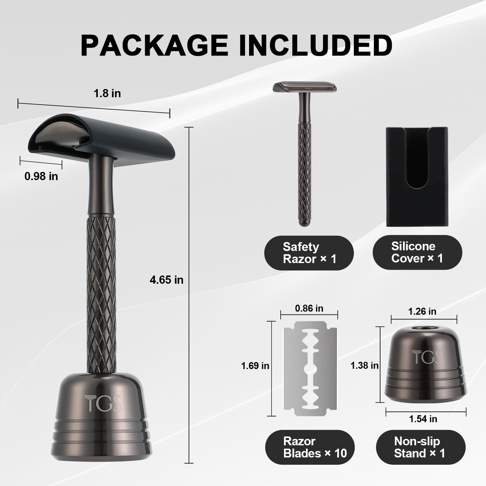 THE GROOMING SOCIETY Double Edge Safety Razor for Men with Stand and Silicone Cover - Durable Metal Eco-Friendly Single Blade Safety Razor with 10 Blades - Closed Smooth Shave Matte Black