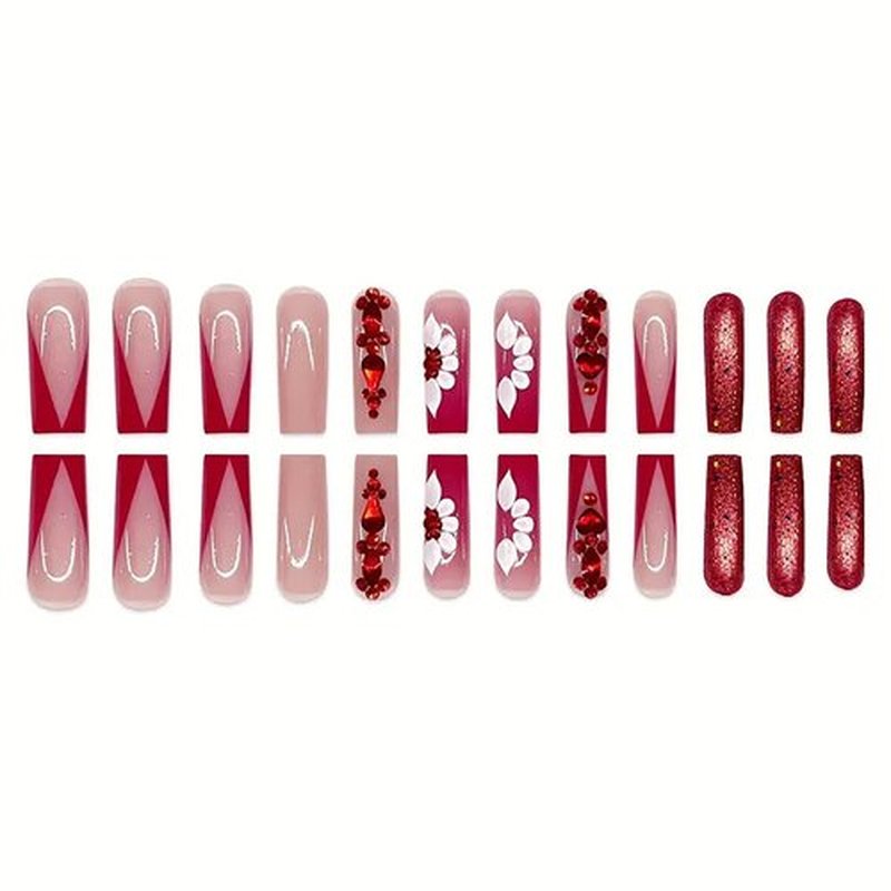 RTKHFZE Red Press on Nails Long Fake Nails Square Extra Long Nails Press ons with Flower And Rhinestones Design Glitter Acrylic Nails Artificial Nails