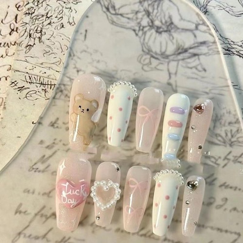 Coffin Shaped Press on Nails - Sweetheart | Luxury Ballerina Artificial False Nails, Glossy Pink Fake Nails with 3D Pearls & Heart, Salon Quality Reusable Nails Kit for Women & Girls (Size M)