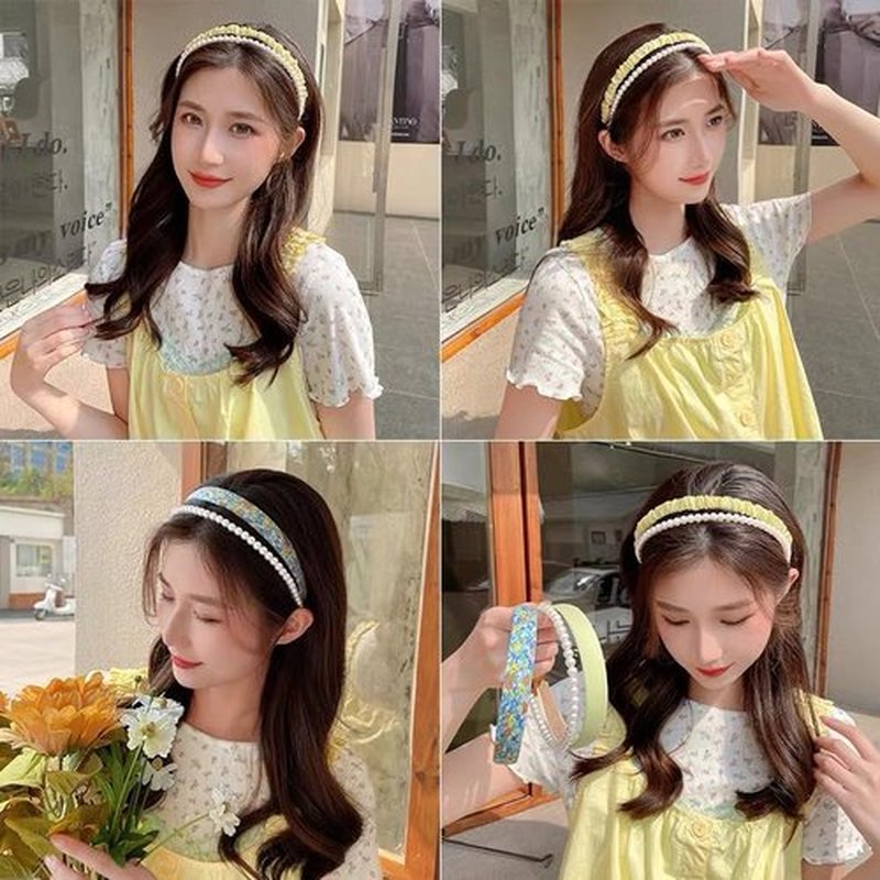 Agirlvct Cute Headbands for Women,Non Slip Flower Headband,Fashion Pearl Headbands,Twisted Headband,Different Designs White Solid Head Bands Set Hair Accessories Gift for Girls Kids(7 Pack Yellow)