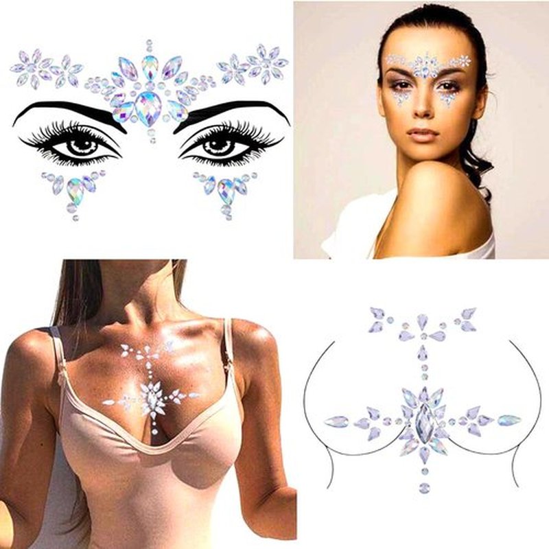 Blindery Rhinestone Mermaid Cross Chest Gem Crystal Eyes Face Stickers Jewels Body Rave Festival Party Face Jewelry for Women and Girls 2PCS
