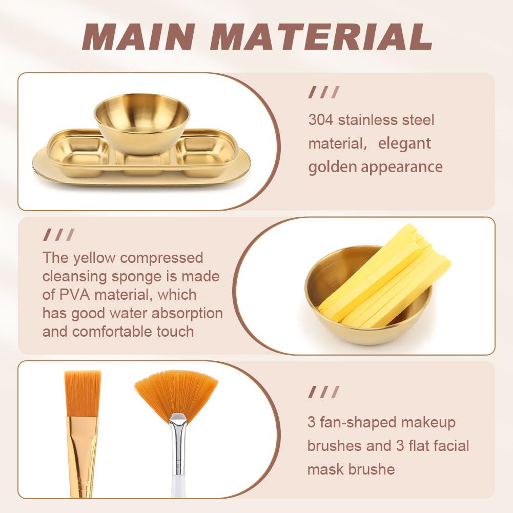 23Pcs Esthetician Supplies for Facials Set, 3 Gold Mixing Bowls Serving Tray 3 Compartment Serving Tray 3 Facial Fan Brushes 3 Flat Brushes, 12 Facial Sponge Compressed Round