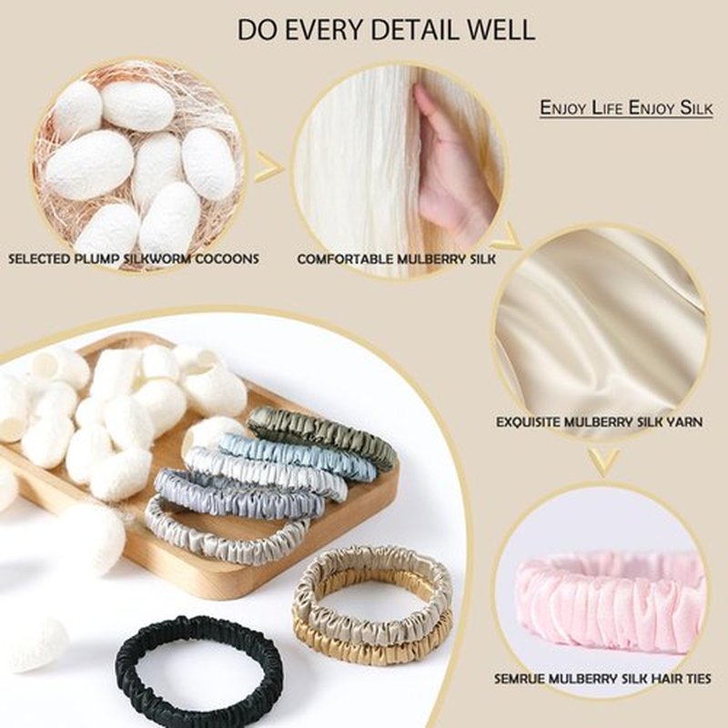SEMRUE 22 Momme 100% Pure Mulberry Silk Scrunchies (10 PCS) - Small Hair Elastics and Ties for Women Sleep, Hair Care No Damage, Black*5+Brown*5