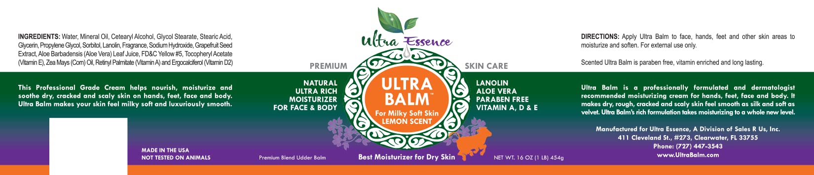 Ultra Balm Daily Moisturizer 16 oz For Dry Itchy Skin, Psoriasis and Eczema, Contains Lanolin, Vitamins A, D & E, Aloe Vera, To Moisturize Face, Body, Dry Hands & Cracked Heels (Lemon)