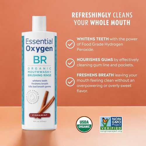 Essential Oxygen Organic Brushing Rinse - Cinnamint Flavor, 16 fl oz | All-Natural Mouthwash for Whiter Teeth & Fresher Breath