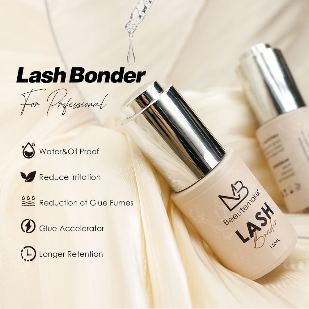 Beeutemaker Super Lash Bonder for Eyelash Extensions, Beige Waterproof Lash Sealant, Speed Up Glue Drying Time, Reduces Fumes, Longer Retention - 15ml