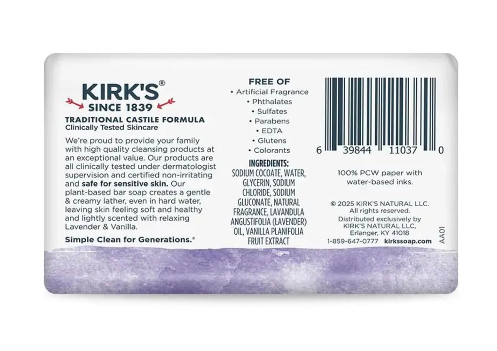 Kirk's 100% Premium Coconut Oil Castile Bar Soap, Lavender & Vanilla, 4 oz (113 g)