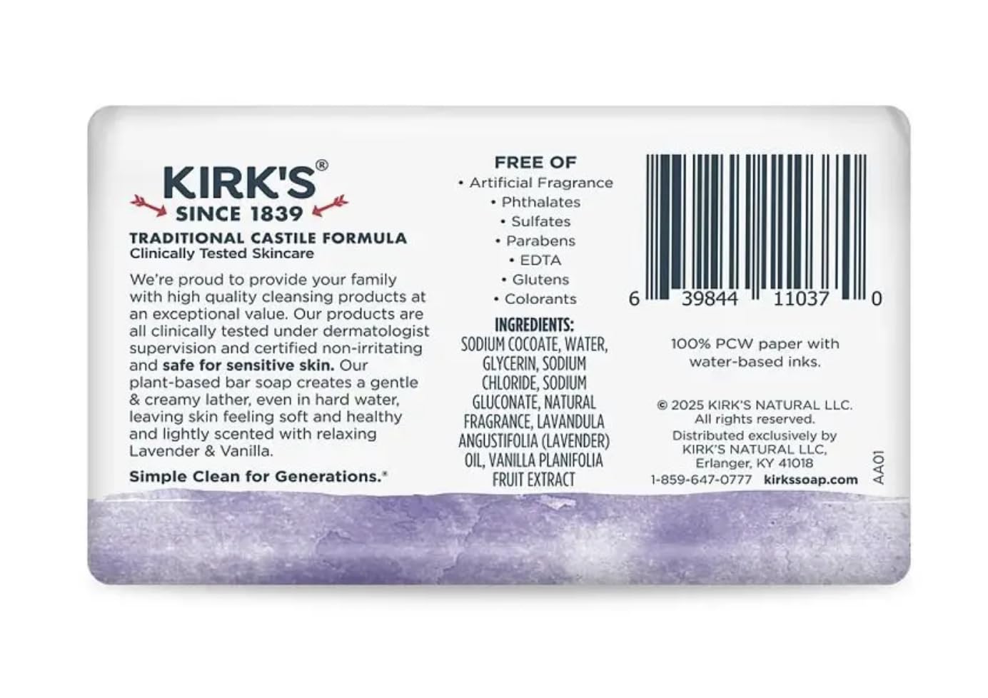 Kirk's 100% Premium Coconut Oil Castile Bar Soap, Lavender & Vanilla, 4 oz (113 g)