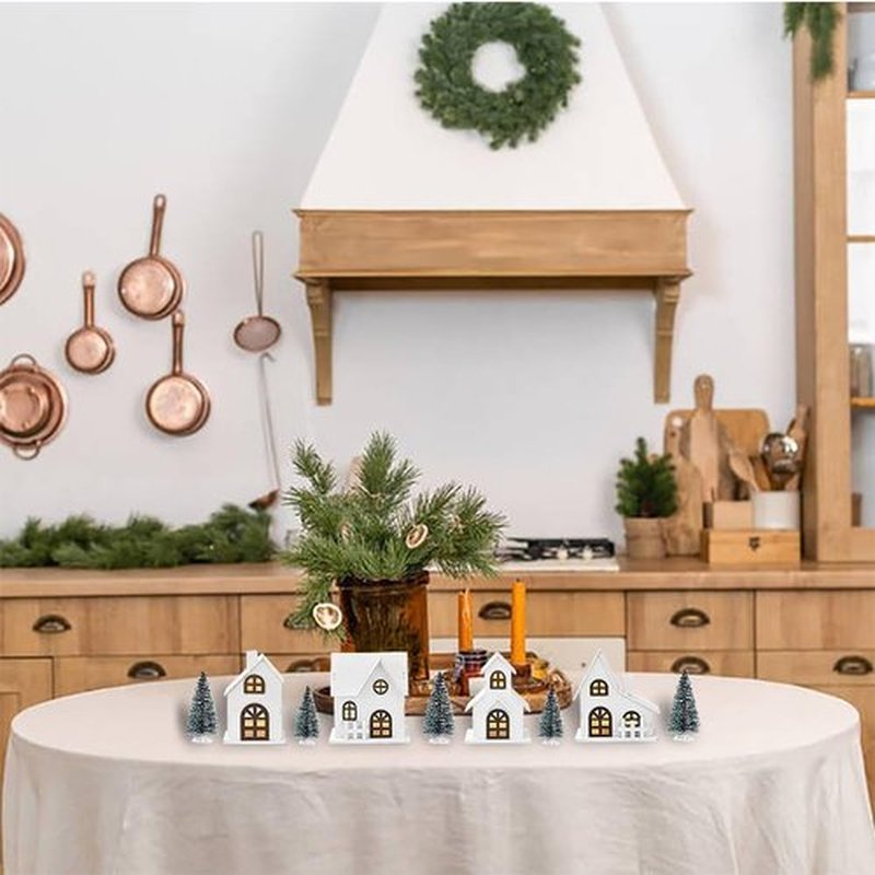Ovootok Christmas Sculpture Set - 9-Piece LED Lighted Houses & Frosted Trees for Tabletop Décor