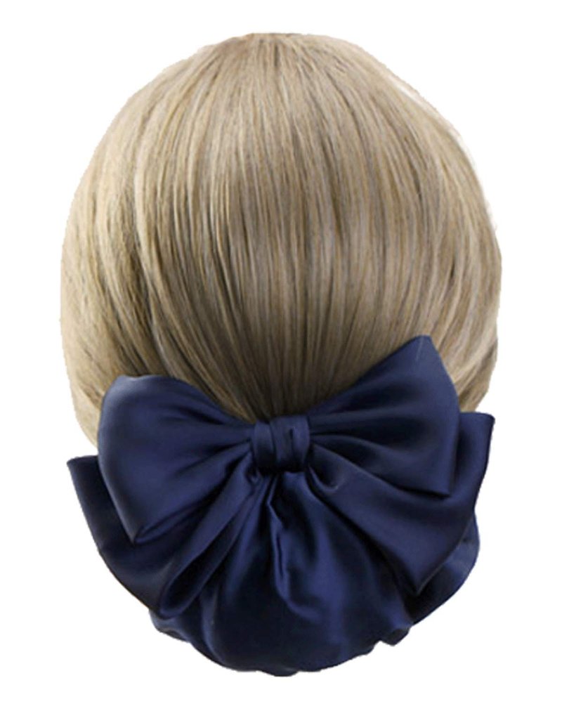 Women's Professional Ribbon Hair Clip with Black or Navy Chignon Cover, Barrette Net Bow-knot Decor