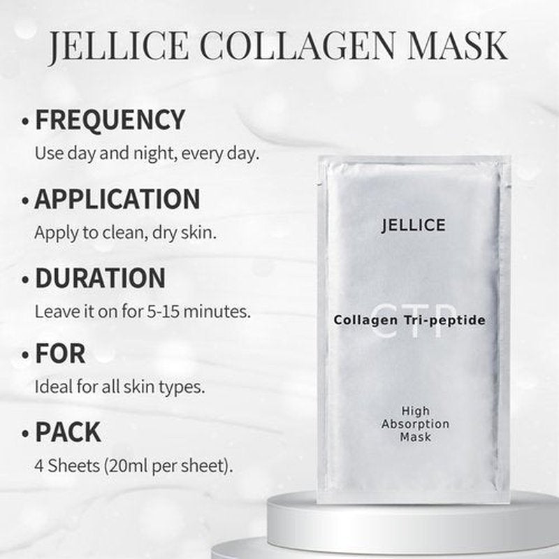 JELLICE High-Absorption Collagen Face Mask – Premium Japanese Sheet Mask with Collagen Tripeptides, Hyaluronic Acid, Niacinamide & Botanicals – Firming, Smoothing, Hydrating – 4 Pack