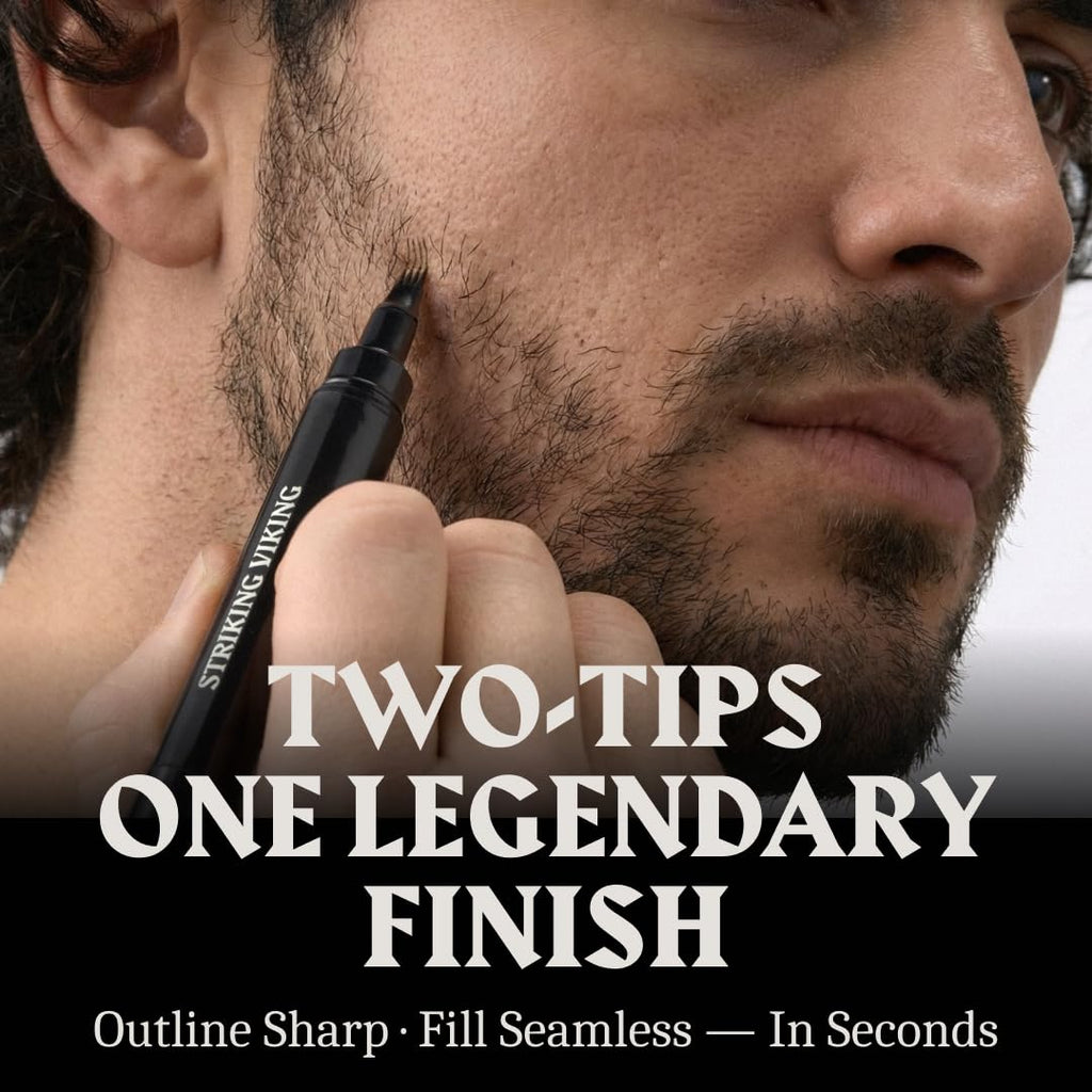 Striking Viking Beard Pencil Filler For Men - Medium Black, 1 Pen 1 Brush - Temporary Beard Dye - Waterproof Sweatproof Long Wear Beard Pen for Touchups & Gap Contouring - Enhances Facial Hair