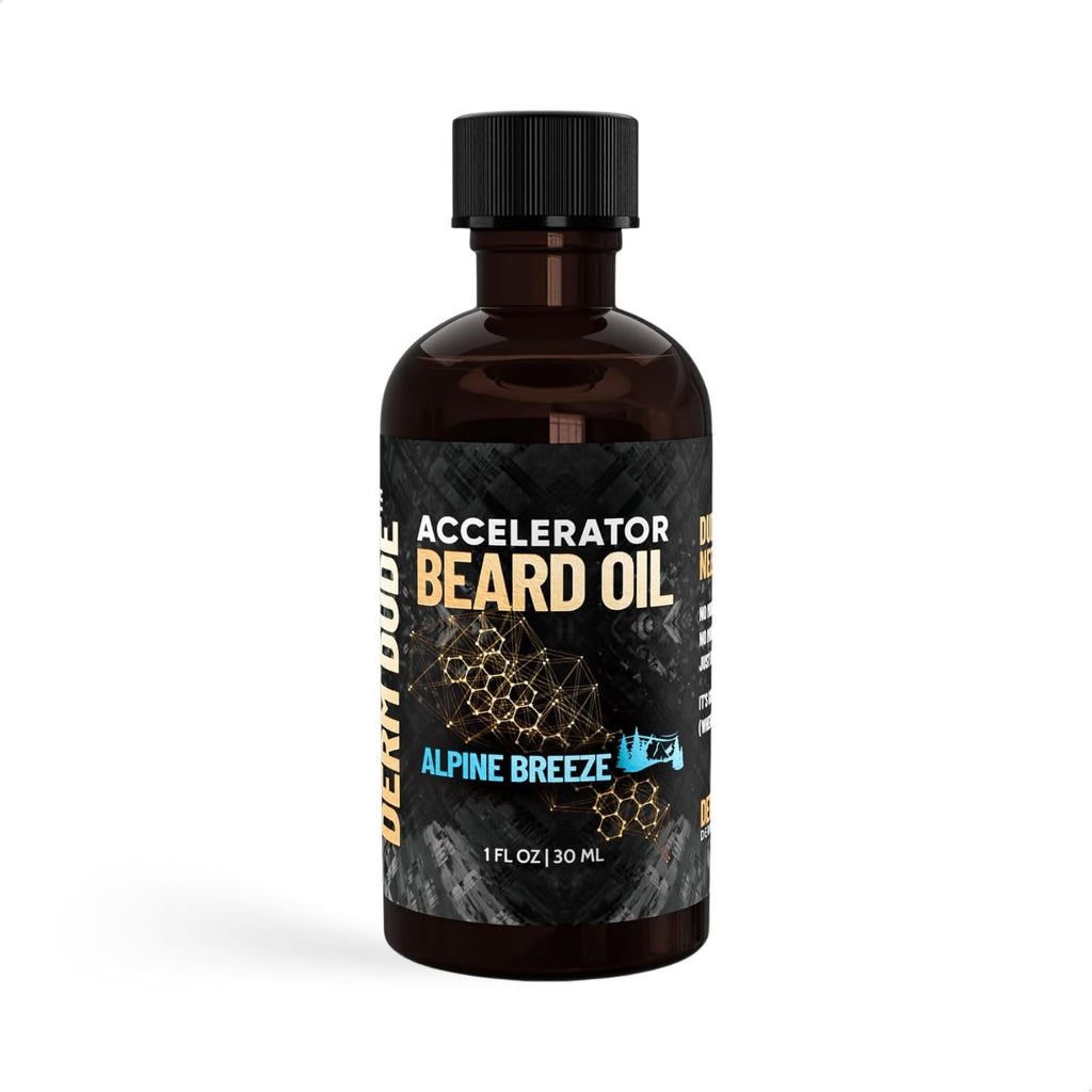 Derm Dude Accelerator Beard Growth Oil for Men | With Castor Oil & Jojoba Oil for Hair Growth | Promotes Thicker Fuller Beard | Hydrate & Soften Facial Hair, Non-Greasy - Alpine Breeze 1oz