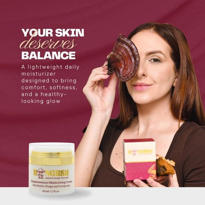 HONGUSH Facial Moisturizer – Hydrating Face Cream with Reishi, Chaga & Cordyceps, Lightweight Non Greasy Moisturizer for Dry, Sensitive & Combination Skin, Skin Barrier Support, 50 ml