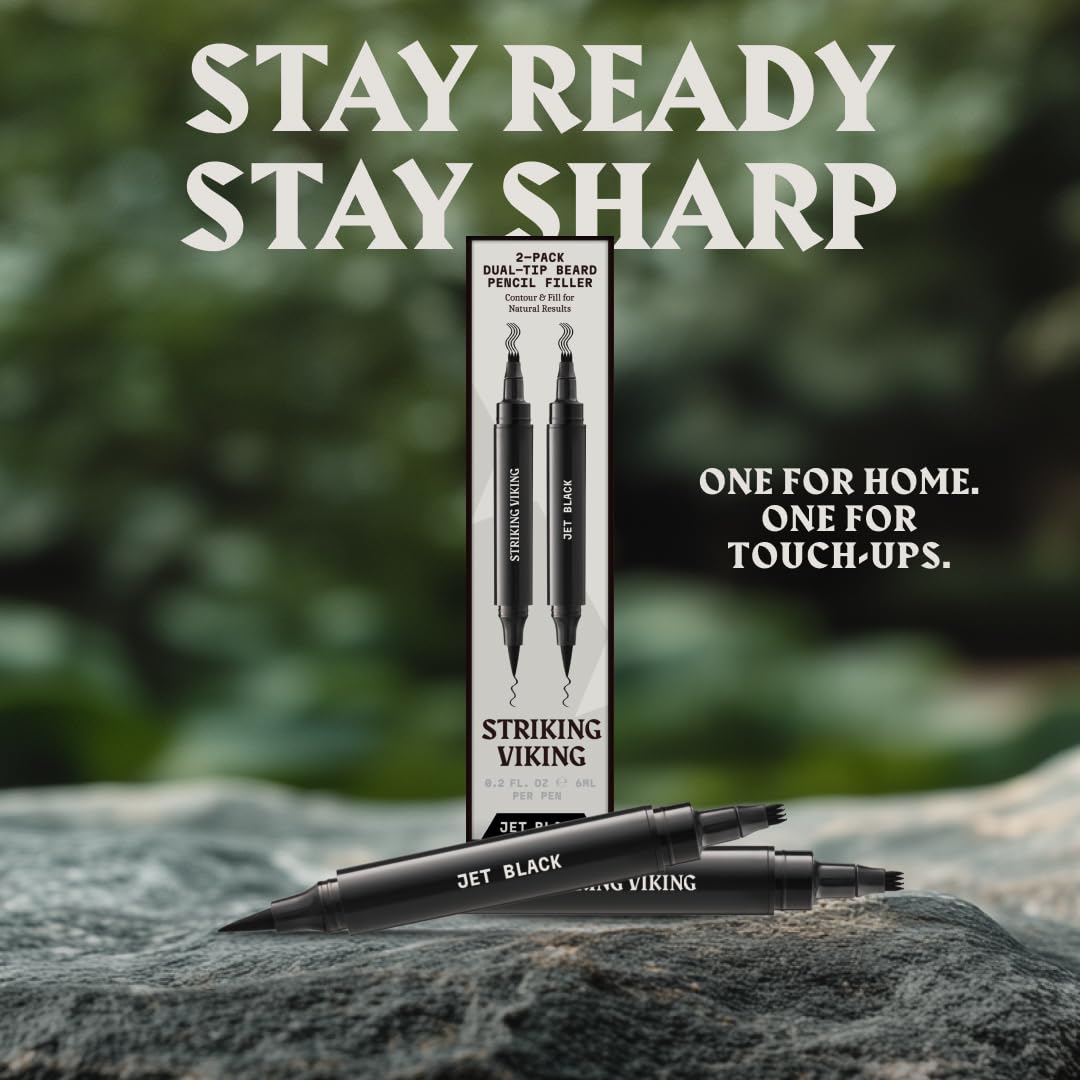 Striking Viking Beard Pen - Jet Black, 2 Pens Pack - Temporary Beard Dye - Waterproof Sweatproof Long Wear Beard Pencil Filler For Men for Touchups & Gap Contouring - Enhances Facial Hair