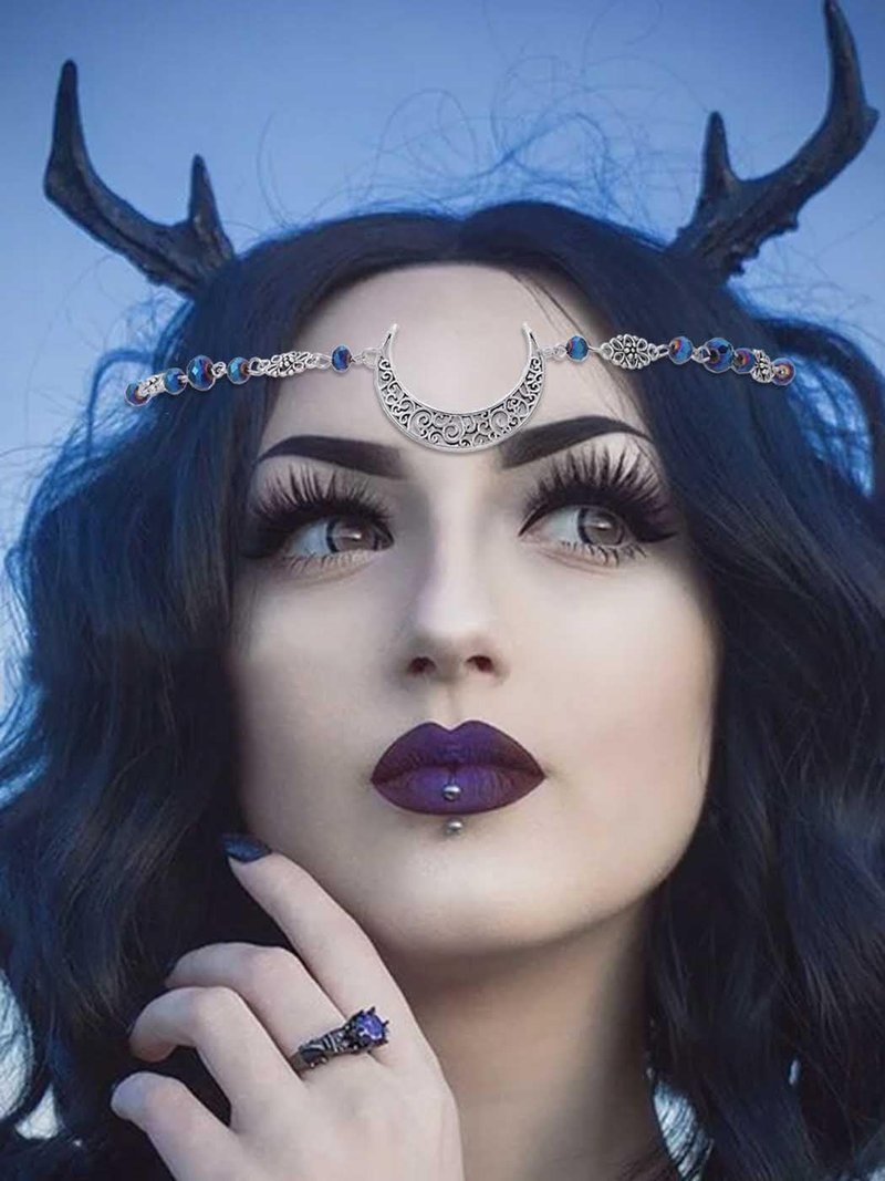 Yalice Boho Crescent Moon Head Chain Vintage Black Crystal Headband Chain Rhinestone Headpieces Witchy Forehead Chain for Women (Silver-Blue2, One Size)