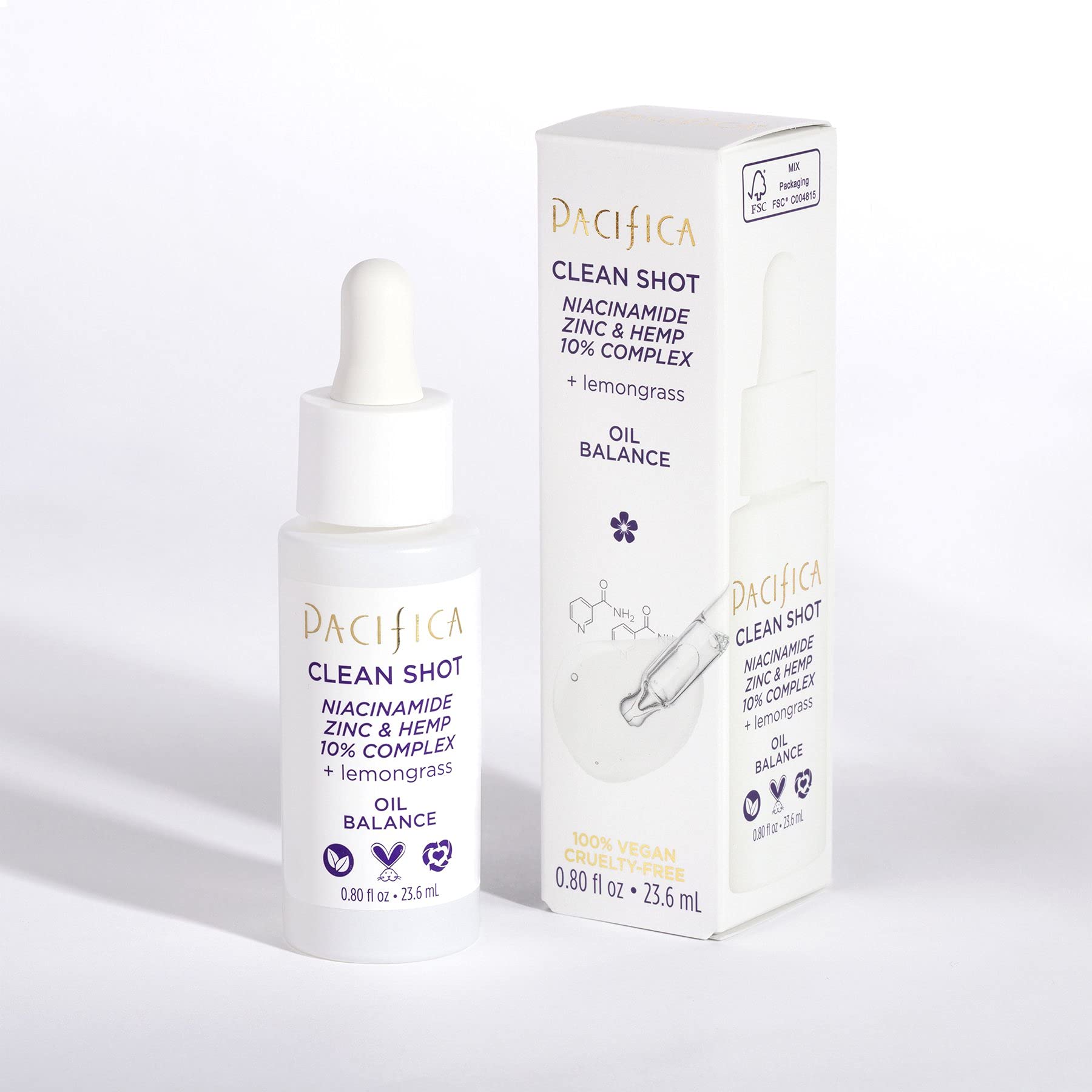 Face Serum by Pacifica - Clean Shot Niacinamide 10% Solution with Zinc & Hemp Seed Oil – Balancing Facial Serum for Oily & All Skin Types, Vegan & Cruelty-Free, 0.8 oz