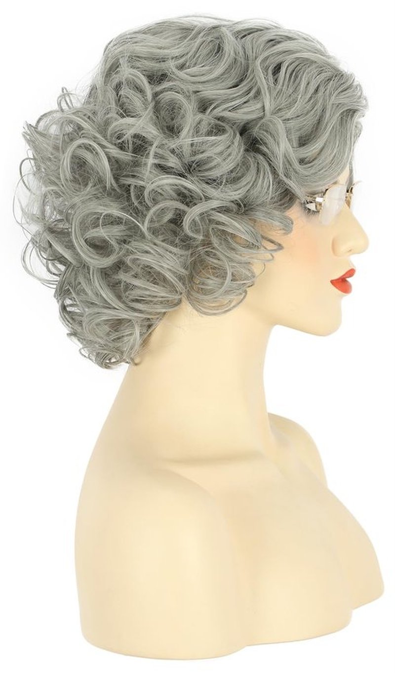 karlery Old Lady Short Bob Curly Grey Wig Natural Looking Daily Halloween Cosplay Party Wig