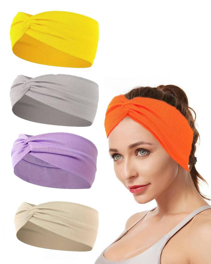 Zilotusnte 10 Pcs Wide Absorbent Sport Headbands for Women, Non-slip, Stretchy, Soft Cotton Twist Knotted Hair Bands for Daily Workout Yoga Running Sports
