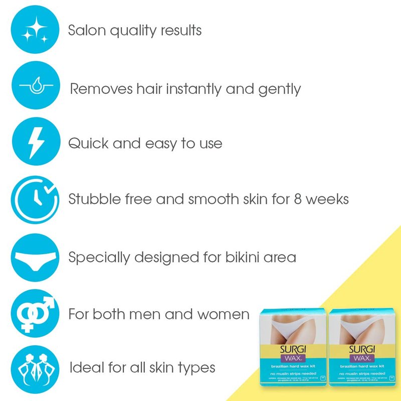 Surgiwax Brazilian Hard Wax Kit - Microwaveable Wax Strip-Free Formula for Bikini & All Hair Types, At-Home Waxing Kit for Women Hair Removal, 4 Oz, 2 Pack
