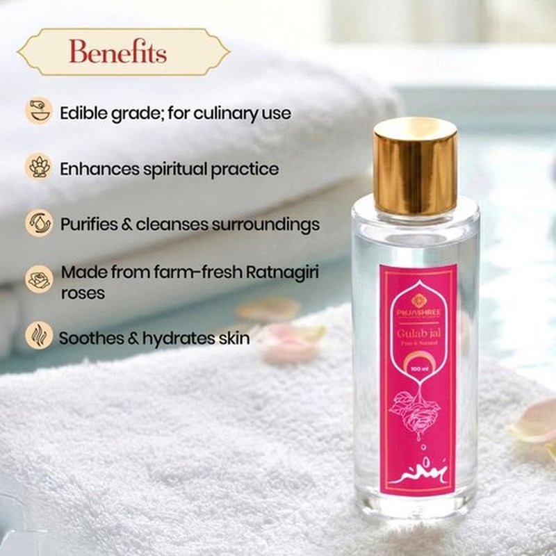 Pujashree 100% Pure Gulab Jal - 100ml Glass Bottle with Spray Pump| Natural Gulab Jal | Rose Water for Skin & Hair, Natural Rose Water Face Toner, Makeup Remover