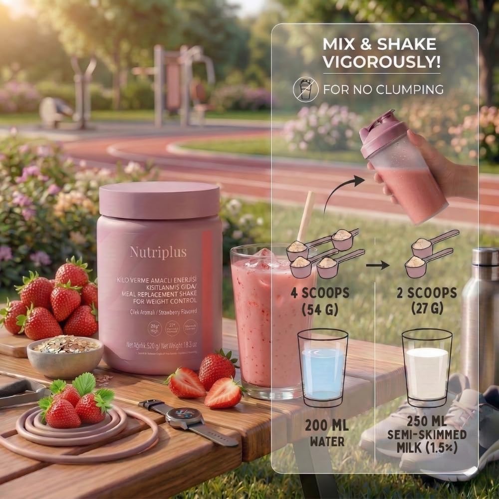 FARMASi Nutriplus Meal Replacement Shake, Plant Based Protein Powder with 27 Vitamins and Minerals, High Fiber Nutrition Drink Mix, Gluten-Free, Low Calorie Weight Control Powder, 18.3 oz, Strawberry