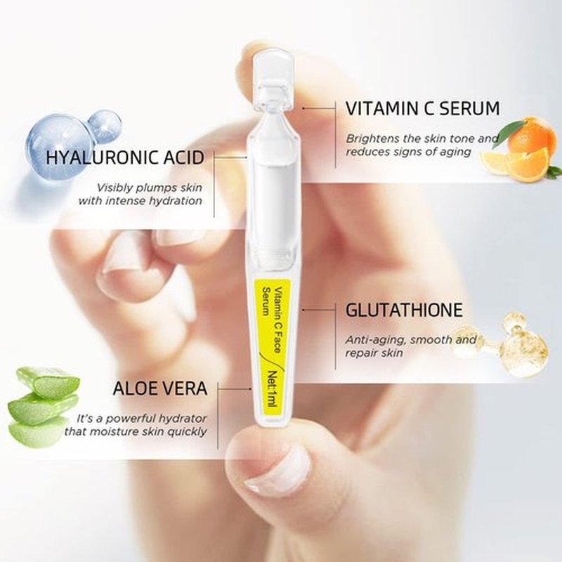 BACHERI Vitamin C Face Serum with Glutathione, 4D Hyaluronic Acid & Aloe Vera – Lightweight Brightening & Hydrating Ampoule for Daily Skincare, Dark Spots, Sensitive Skin Friendly - (1.0 ml)*30 Vials