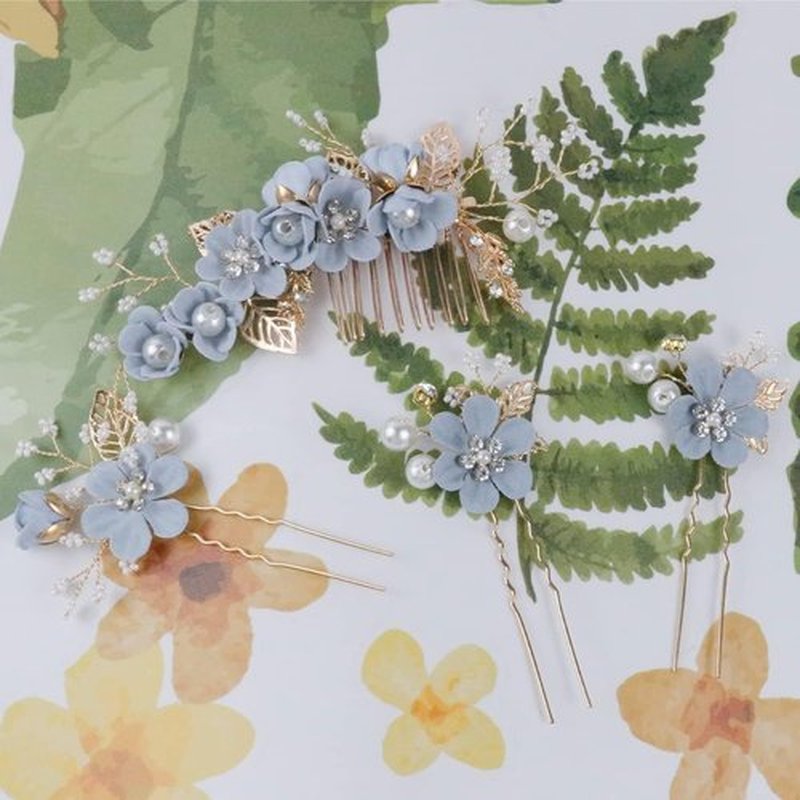 4 Pieces Bridal Flower Wedding Hair Comb Rhinestones Crystal Floral Hair Pins Hair Clips Wedding Hair Accessories Hair Jewelry for Brides Bridesmaids Women Girls(Blue)