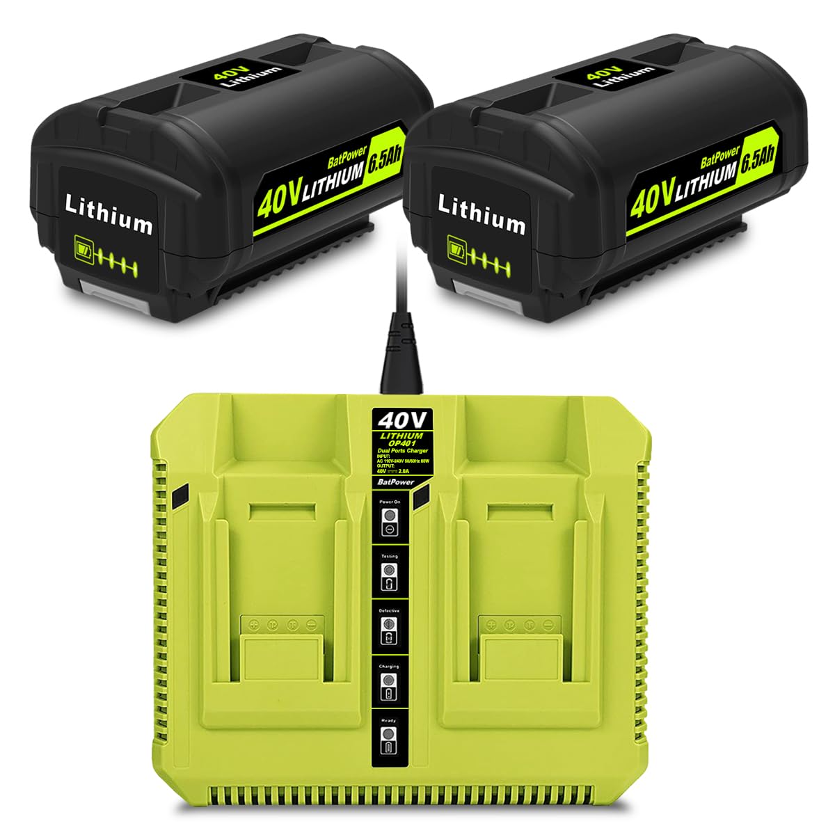 BatPower 2-Pack 40V 6.5Ah Lithium-Ion Replacement Battery and Charger Starter Kit Compatible with Ryobi 40V System, High Capacity Batteries and Charger OP4050A OP401 (3-Piece Set)