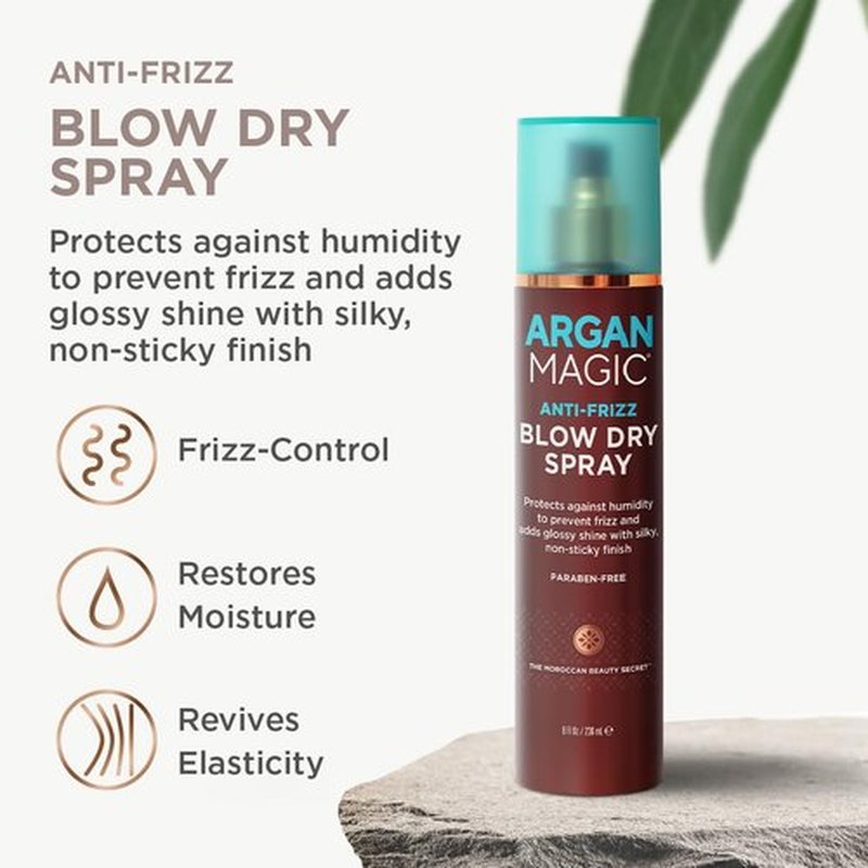 Argan Magic Anti-Frizz Blow Dry Spray - Humidity Protection & Frizz Control | Glossy Shine & Softness | 8 Oz