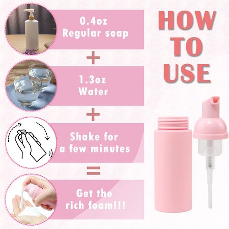 60PCS Lash Shampoo Bottles and Brushes Set, 10pcs Foam Pump Dispenser, Lash Cleaning Brush, Eyelash Extension Tube Brush, Instructions Cards, Bags, Lash Shampoo Stickers for Business Clients (B-pink)