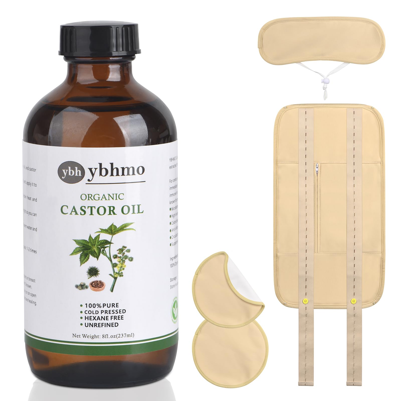 Organic Castor Oil Cold Pressed Glass Bottle((8fl.oz/237ml), Castor Oil Pack Wrap Organic Cotton Reusable for Neck, Chest & Abdomen