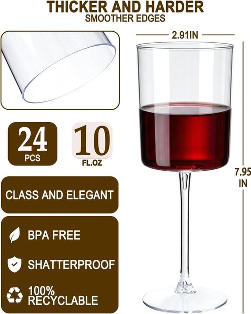 Ciaell 12 Pack Clear Plastic Wine Glasses - 10 Oz Stemmed Disposable Glasses for Parties & Events