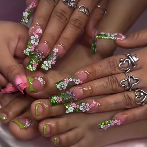 48 Pcs Pink Press on Nails Long Square & Press on Toenails Set - YEFIUO Green French Fake Nails Press ons Nail Art Tips Glue on Nails Full Cover Acrylic Nail Kit False Toe Nails with 3D Flowers Design